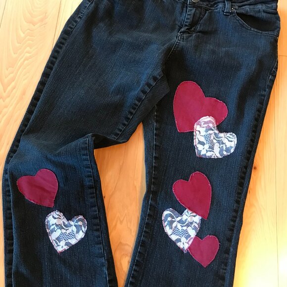 Upcycled Patchwork Jeans, Size 12:  Handmade Burgundy/Lace Patches, Black Denim - Picture 8 of 13